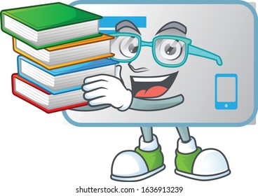 A brainy clever cartoon character of NFC card studying with some books