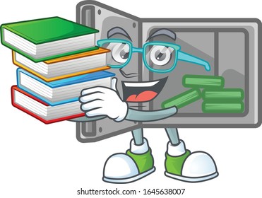 A brainy clever cartoon character of security box open studying with some books