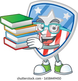 A brainy clever cartoon character of shield badges USA with star studying with some books