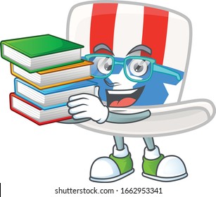 A brainy clever cartoon character of uncle sam hat studying with some books