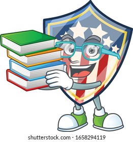 A brainy clever cartoon character of vintage shield badges USA studying with some books