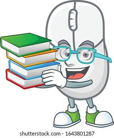 A brainy clever cartoon character of white mouse studying with some books