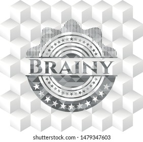 Brainy grey badge with geometric cube white background