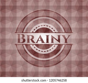 Brainy red seamless emblem or badge with abstract geometric pattern background.