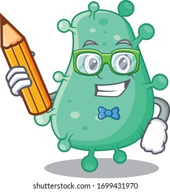 A brainy student agrobacterium tumefaciens cartoon character with pencil and glasses