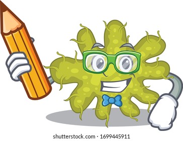 A brainy student bacterium cartoon character with pencil and glasses