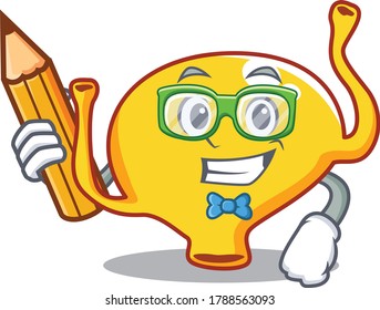 A brainy student bladder cartoon character with pencil and glasses