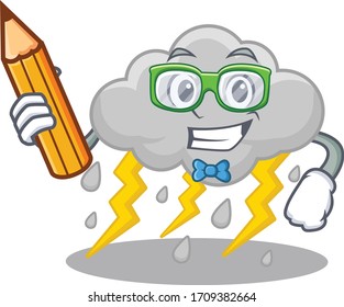 A brainy student cloud stormy cartoon character with pencil and glasses