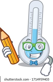 A brainy student cold thermometer cartoon character with pencil and glasses