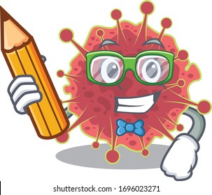 A brainy student coronaviridae cartoon character with pencil and glasses