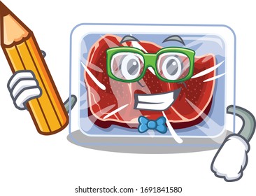 A brainy student frozen beef cartoon character with pencil and glasses