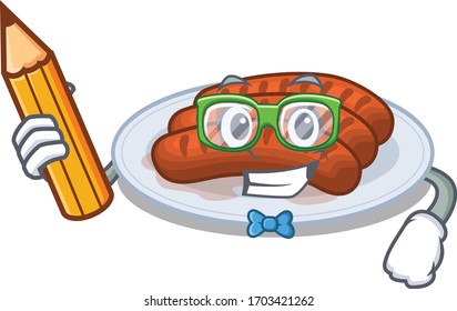 A brainy student grilled sausage cartoon character with pencil and glasses