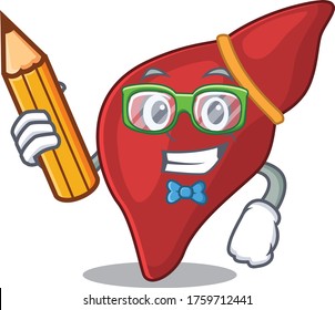 A brainy student healthy human liver cartoon character with pencil and glasses