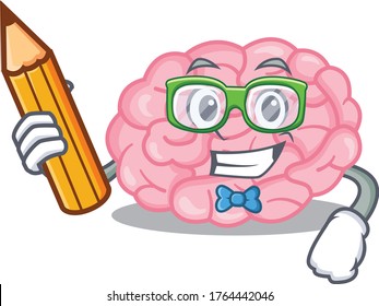 A brainy student human brain cartoon character with pencil and glasses