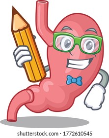 A brainy student human stomatch cartoon character with pencil and glasses