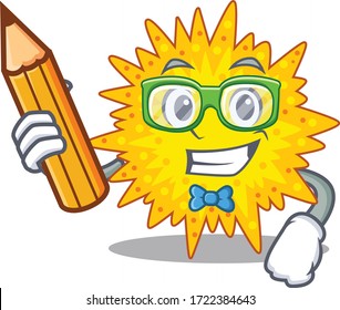 A brainy student mycoplasma cartoon character with pencil and glasses