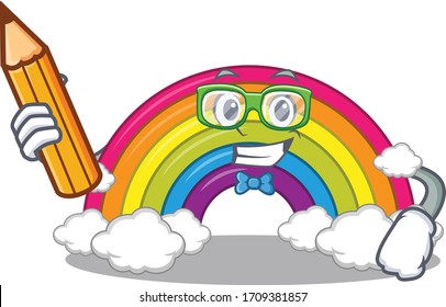 A brainy student rainbow cartoon character with pencil and glasses