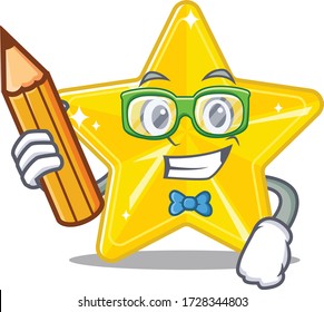 A Brainy Student Shiny Star Cartoon Character With Pencil And Glasses