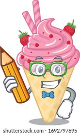 A brainy student strawberry ice cream cartoon character with pencil and glasses