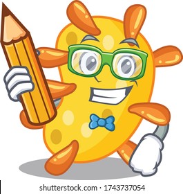 A brainy student vibrio cartoon character with pencil and glasses