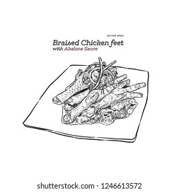 Braised Chicken Feet With Abalone Sauce, Chinese Food Hand Draw Sketch Vector.