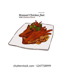 Braised Chicken Feet With Abalone Sauce, Chinese Food Hand Draw Sketch Vector.