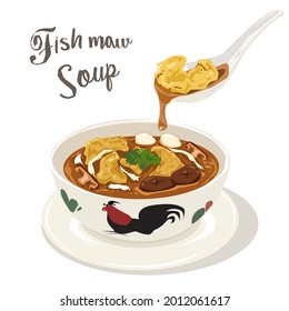 Braised fish maw in red gravy with chicken in the bowl on white background. Vector illustration.