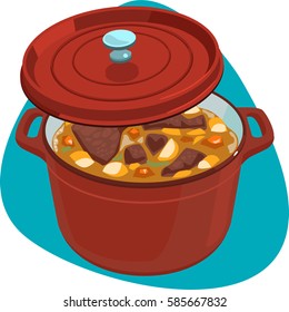 Braised meat in cocotte. Isolated. On green background.