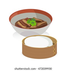 Braised pork belly in dark soy suce with steam buns.