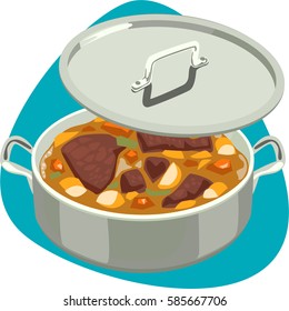 Braised ribs in shallow pot. Isolated. On green background.