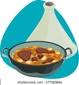 Braised short ribs in tagine. Iron-cast bowl with ceramic top lid. Isolated. On blue background.