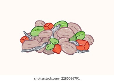 Braised side dish of edamames, dried anchovies carrots, and peanuts in food illustration
