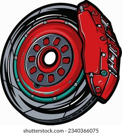 Brake disc with caliper, Red Caliper Rusty Disc Brakes vector