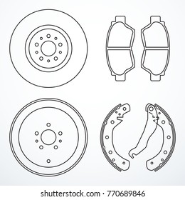 Brake Disc, Brake Drum And Brake Pads. Brake Parts Icons