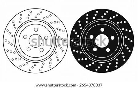 brake disc icon set,drilled ventilated rotor. Outline,silhouette and solid style. Used for auto parts, repair, vehicle, mechanic, and safety design.