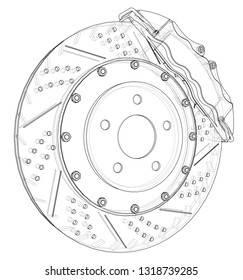 Brake disc outline. Vector rendering of 3d. Wire-frame style. The layers of visible and invisible lines are separated