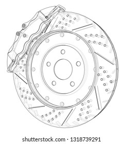 Brake disc outline. Vector rendering of 3d. Wire-frame style. The layers of visible and invisible lines are separated