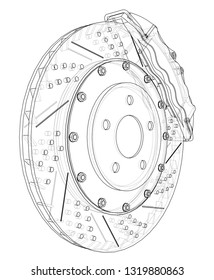 Brake disc outline. Vector rendering of 3d. Wire-frame style. The layers of visible and invisible lines are separated