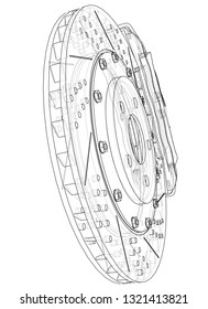 Brake disc outline. Vector rendering of 3d. Wire-frame style. The layers of visible and invisible lines are separated