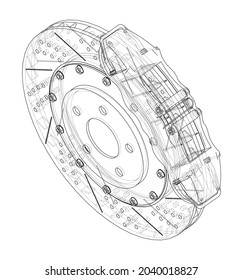 Brake disc outline. Vector rendering of 3d. Wire-frame style. The layers of visible and invisible lines are separated. Orthography or isometric