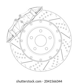 Brake disc outline. Vector rendering of 3d. Wire-frame style. The layers of visible and invisible lines are separated. Orthography or isometric