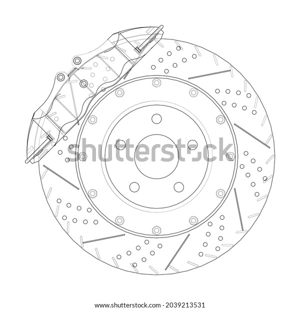 Brake disc outline. Vector rendering of 3d.\
Wire-frame style. The layers of visible and invisible lines are\
separated. Orthography or\
isometric