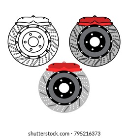 Brake disc and red calliper isolated on white background