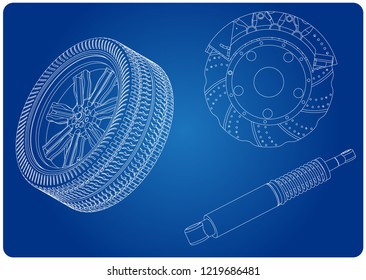 Brake disc, wheel and shock absorber on a blue background. Drawing
