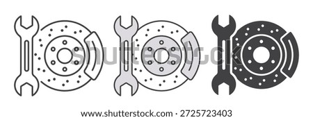 Brake disc and wrench icon set. Showing automotive maintenance, brake system service, vehicle repair, and mechanical diagnostics. Outline and filled icons collection.