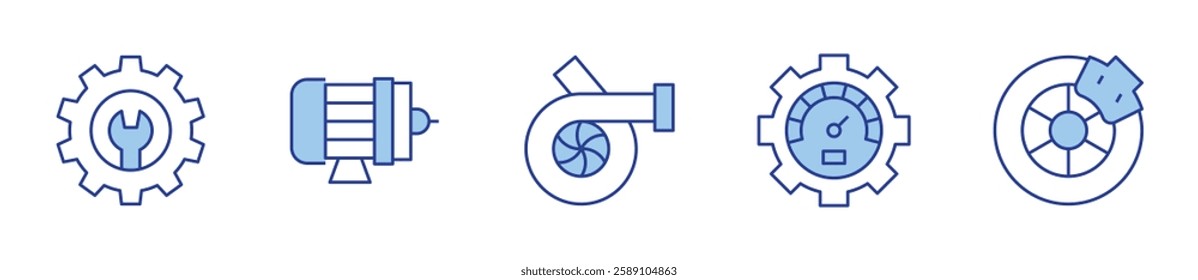 brake, electric motor, engineer, motor, settings. Engineering Icon vector illustration. Line Duotone style. Editable stroke.