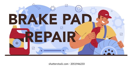 Brake pad repair typographic header. Automobile's brake pads got fixed in car workshop, car repair service. Mechanic check a vehicle's braking system. Car full diagnostics. Flat vector illustration.