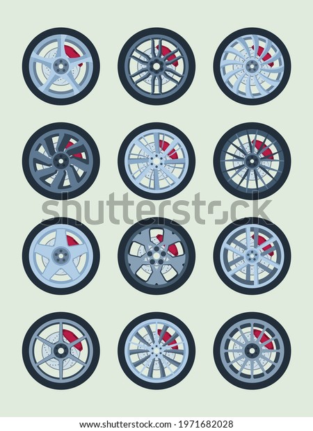 Brake pads for wheels. Wheels\
round forms steel modern rims garish vector illustrations set on\
white
