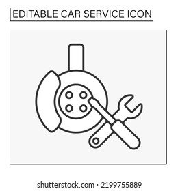  Brake repair line icon. Rebuilding or replacing brakes for slowing or stopping vehicles. Car service concept. Isolated vector illustration. Editable stroke