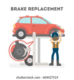 Brake replacement on white background. Car service.